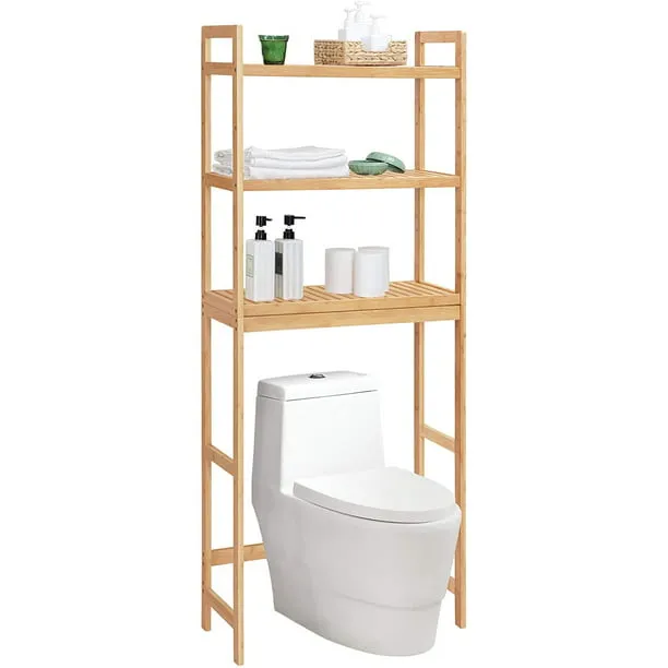 SONGMICS 3-Tier Over The Toilet Storage Bamboo Over Toilet Shelf Bathroom Storage Organizer with Adjustable Shelf Natural