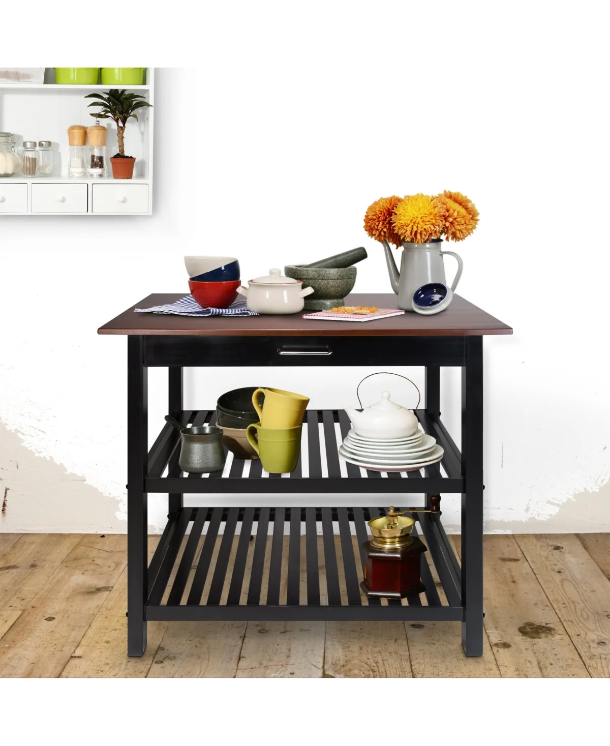 Casual Home Kitchen Island with Solid American Cherry Top, White & Cherry Natural