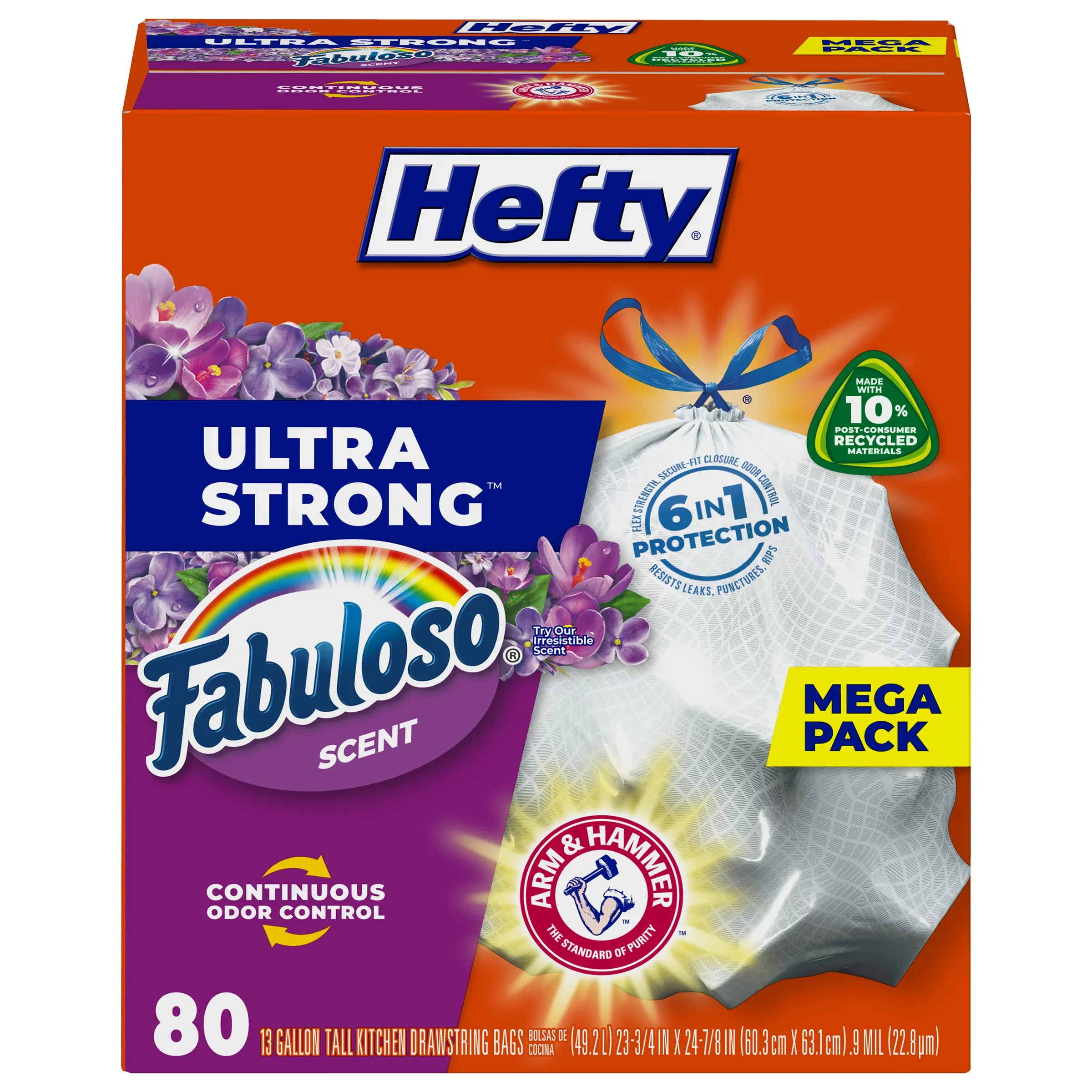 Hefty Ultra Strong Tall Kitchen Trash Bags, Fabuloso Scent, Made with 10% Post-Consumer Recycled Materials, 13 Gallon, 80 Count
