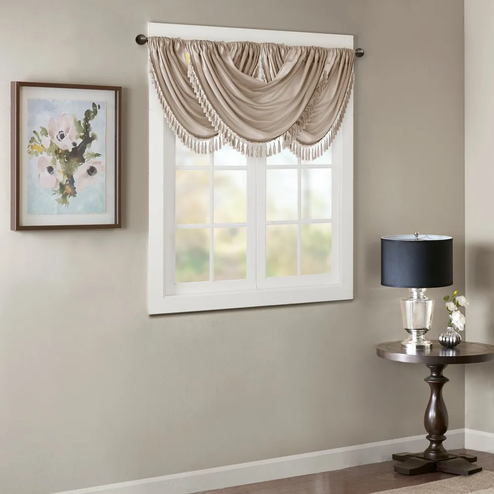 Madison Park Champagne Elena Faux Silk Waterfall Embellished Valance