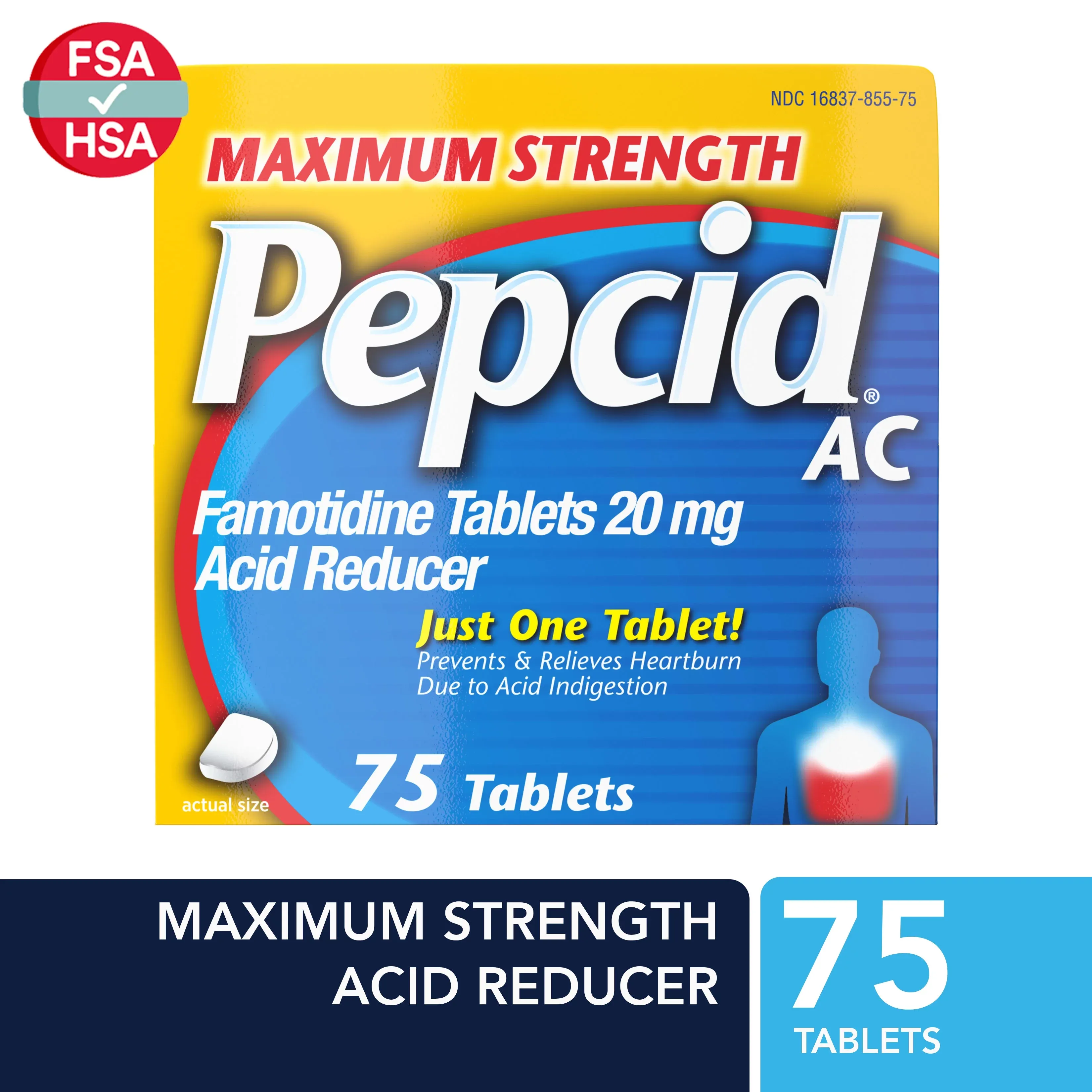 Pepcid AC Maximum Strength Heartburn Relief Tablets, Prevents & Relieves Heartburn Due to Acid Indigestion & Sour Stomach, 20mg of Famotidine to Reduce & Control Acid, Fast-Acting, 75 Ct