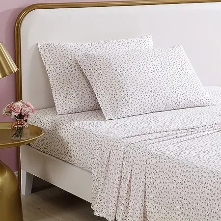 Betsey Johnson- Queen Sheet Set, Cotton Percale Bedding Set, Crisp & Cool, Lightweight & Breathable (Diamond Lace Pink, Queen)