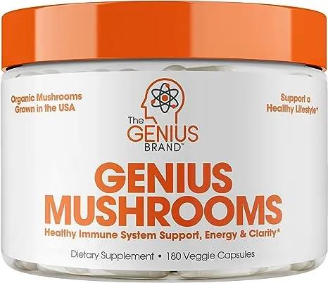 Genius Mushroom - Lions Mane, Cordyceps and Reishi - Nootropic Brain Supplement - Natural Energy, Memory & Liver Support, 180 Veggie Pills