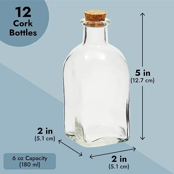 Juvale 12 Pack Clear 6 oz Glass Bottles with Cork Lids, Tiny Vintage Style Potion Vases for Party Favors, DIY Crafts (180 ml)