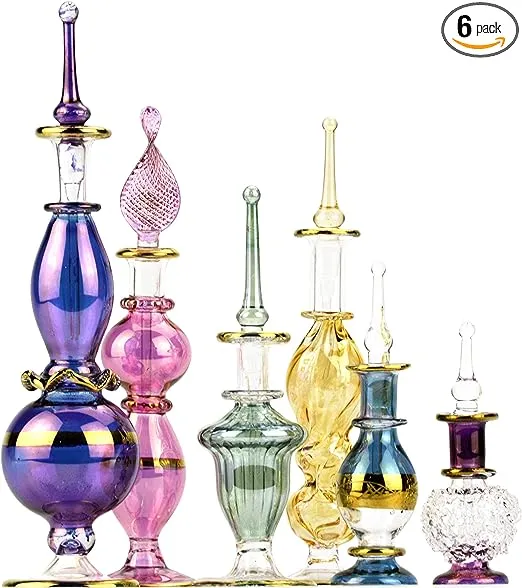 Egyptian Perfume Bottles 2-5 in Collection Set of 6 Mouth-Blown Decorative Glass