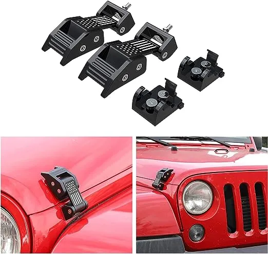 ASLONG 2PCS Hood Latches Catch Kit with U.S. Flag Style Black Aluminum for Jeep Wrangler JK JKU 2007-2018 & 2018-2021 Jeep Wrangler JL JLU Gladiator JT，Pair