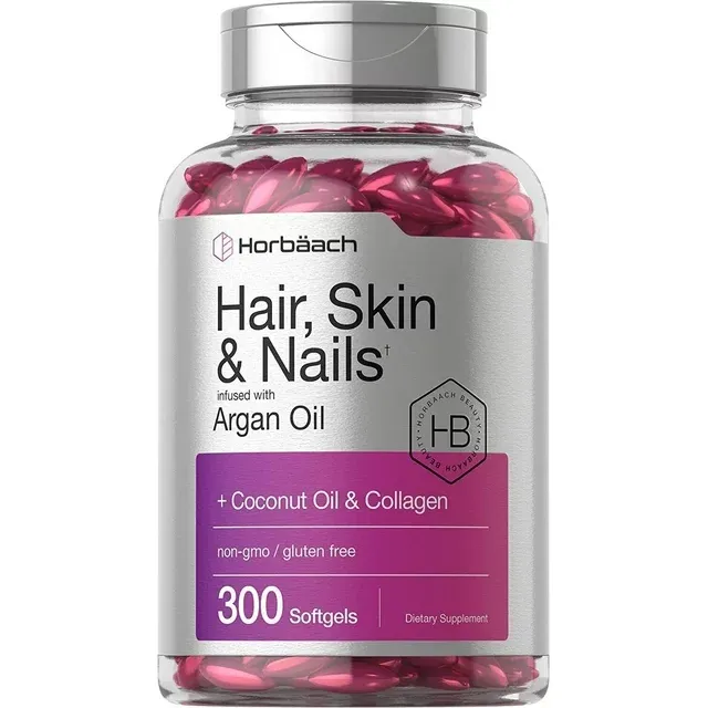Hair Skin and Nails Vitamins | 300 Softgels | with Biotin and Collagen | Infused with Argan Oil and Coconut Oil | Non-GMO, Gluten Free Supplement | by Horbaach