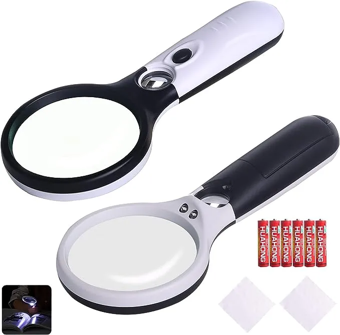 KunHe 2 Packs Magnifying Glass with 3 Led Light-3x 15x Handheld Magnifier with Light for Reading,Conis,Seniors,Kids,Jeweler