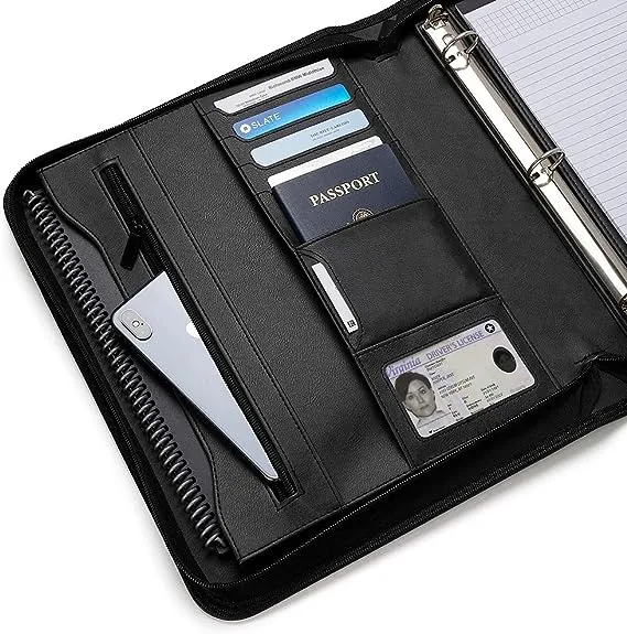 Forevermore Portfolios Padfolio Binder - Professional Faux Leather Travel Organizer Pouch for Tablet, Documents, Presentation Folders, Zipper Closure, Removable 3-Ring Notepad - Black