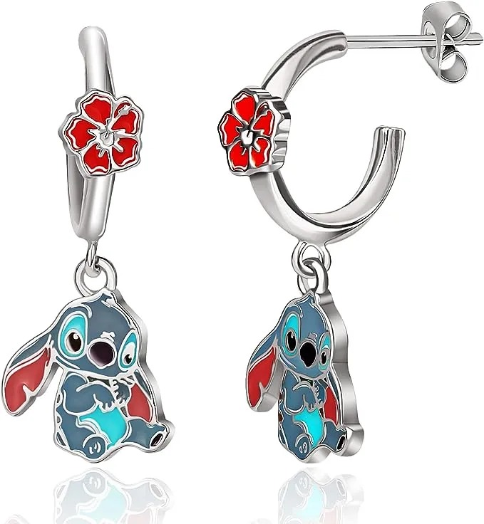 Disney Girls Lilo & Stitch Hoop Earrings - Enamel Hibiscus Flower & Stitch Dangle Earrings - Officially Licensed