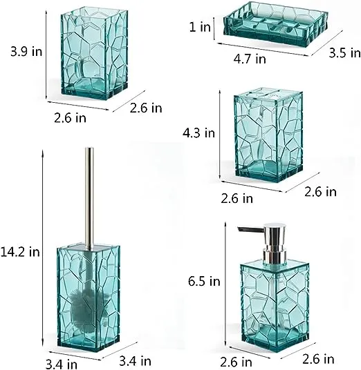 Teal Acrylic Bathroom Accessory Set, 5 Pcs Bathroom Accessories Set with Lotion Dispenser,Soap Dish,Tumbler,Toothbrush Holder,Toilet Brush Set, Elegant Bathroom Decor and Housewarming Gift Set