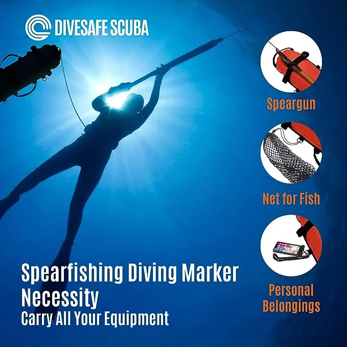 DiveSmart DiveSafe Torpedo Buoy Float for Scuba Diving, Spearfishing, Free Diving, Snorkeling and Swimming - Includes 11 Clips/Bands for Accessories, Dive Flag