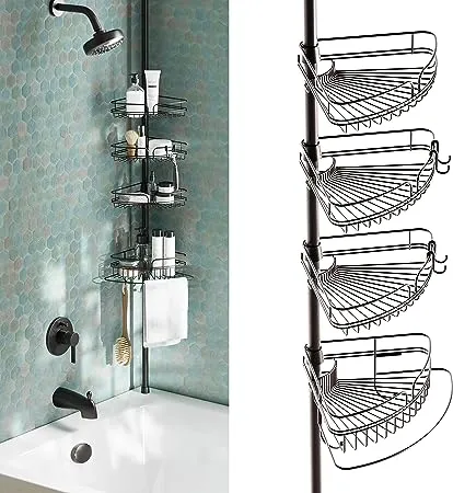 Zenna Home Rust-Resistant Corner Shower Caddy for Bathroom, 4 Adjustable Shelves with Towel Bar and Hooks, with Tension Pole, for Bath and Shower Storage, 60-97 Inch, Matte Black