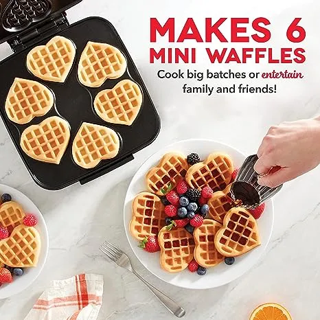 Dash Multi Mini Heart Nonstick Waffle Maker, Red, Makes 6 Mini Waffles