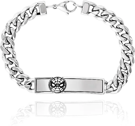 Marvel | &quot;Spider-Man Mens Curb Link Stainless Steel with Spiderman Id Plate Bracelet - 8&quot;&quot; - Silver&quot; | Realry