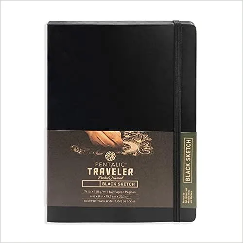 Pentalic Traveler Midnight Sketch Black Paper Journal, 160 Pages, Black (6" x 8")