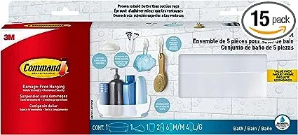 Command Bathroom Accessories, 5 Piece Bathroom Organizer Set - 1 Shower Caddy, 1 Soap Dish, 1 Toothbrush Holder, 2 Hooks with Water Resistant Command Strips