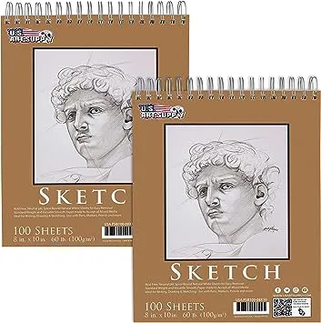 U.S. Art Supply 8" x 10" Top Spiral Bound Sketch Book Pad, Pack of 2, 100 Sheets Each, 60lb (100gsm) - Artist Sketching Drawing Pad, Acid-Free - Graphite Colored Pencils, Charcoal - Adults, Students