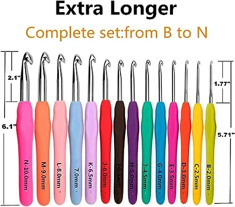 Yarniss 14 Size Crochet Hooks Set,MultiColor,2mm(B)-10mm(N) Ergonomic Crochet Hooks with Case for Arthritic Hands, Extra Long Crochet Needles