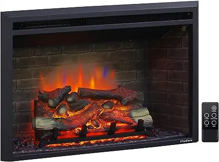 PuraFlame Western Electric Fireplace Insert with Fire Crackling Sound, Remote Control, 750/1500W, Black, 33 5/64 Inches Wide, 21 Inches High