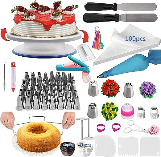 Cake Decorating Supplies Kit 2020 Newest 206 PCS Baking Set for Beginners With Cake Turntable Stand Rotating Turntable,Russian Piping Tips Set, Cake Baking Supplies for Cake Lovers