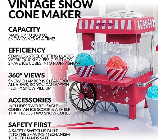 Nostalgia Vintage Countertop Snow Cone Machine - Slushie Machine - Shaved Ice Machine and Crushed Ice Maker - Makes 20 Icy Treats, Includes 2 Reusable Plastic Cups & Ice Scoop – Red