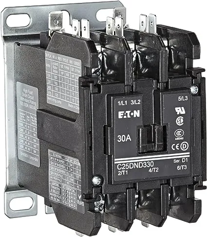 Eaton C25DND330A Definite Purpose Contactor, 50mm, 3 Poles, Screw/Pressure Plate, Quick Connect Side By Side Terminals, 30A Current Rating, 2 Max HP Single Phase at 115V, 10 Max HP Three Phase at 230V, 15 Max HP Three Phase at 480V, 120VAC Coil Voltage