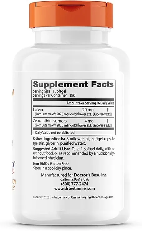 Doctor's Best, Lutein with Lutemax 2020, 20 mg, 180 Softgels