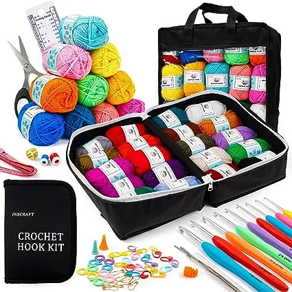 103 PCS Crochet Kit with Crochet Hooks Yarn Set, Premium Bundle Includes 1650 Yards Acrylic Yarn Skeins Balls, Needles, Accessories, Bag, Ideal Starter Pack for Kids Adults Beginner Professionals