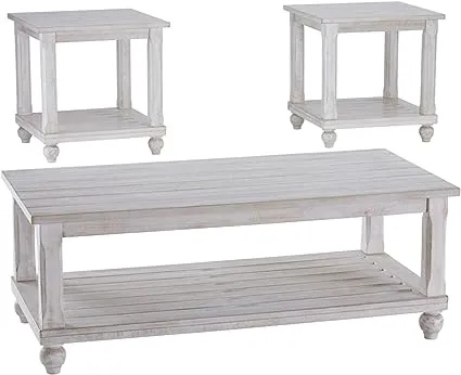 Signature Design by Ashley Cloudhurst Farmhouse 3-Piece Table Set, Includes 1 Coffee Table and 2 End Tables with Lower Storage Shelf, White with Rustic Finish