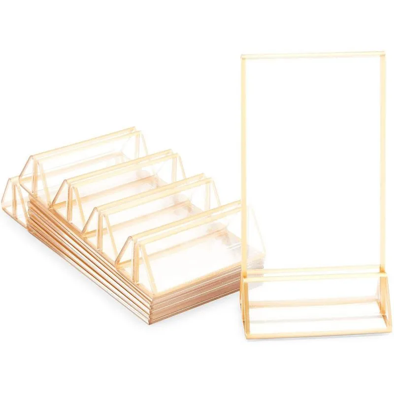 24 Pack Acrylic Sign Holder with Gold Borders, Gold Picture Frame Plastic Display Holder Clear Paper Holder with Vertical Slant Back Table Menu Stands for Wedding Office Restaurant (4 x 6 Inch)