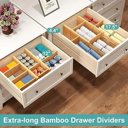 4.4&#034; High Drawer Dividers with Inserts, Bamboo Drawer Dividers for Clothes, Expa