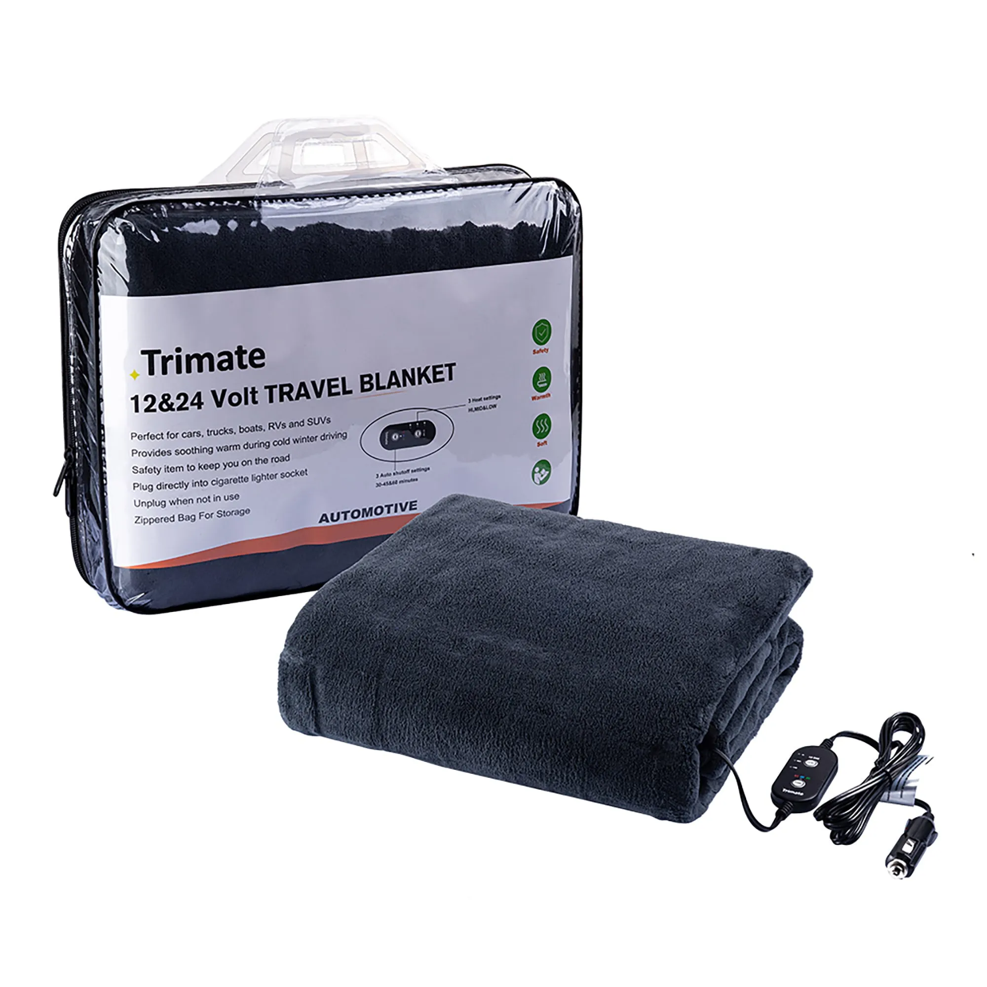 Trimate Electric Car Heating Blanket Plush 3 Heat Settings, Auto Shutoff, Washable, 55 X 40, Plugs into Cars 12v and Trucks 24v Outlet, Great for Cold Weather, Tailgating, Emergency Kits, Blue