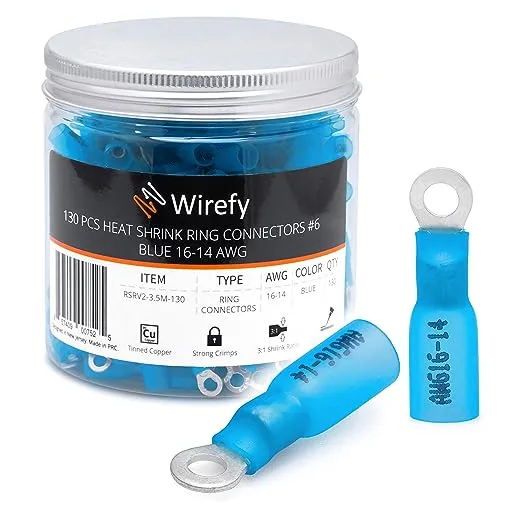 Wirefy 130 Pcs Heat Shrink Ring Terminals #6 - Marine Grade Ring Connectors - Eyelet Wire Connectors - Blue 16-14 AWG