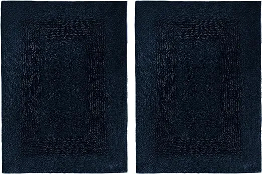 COTTON CRAFT 2 Piece Reversible Step Out Bath Mat Rug Set 17x24 Navy, 100% 