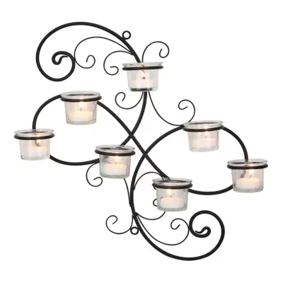 Stonebriar BR-CN-5387A Decorative Black Scrolled Ivy Metal Tea Light Candle Holder Hanging Wall Sconce, 7-tealight