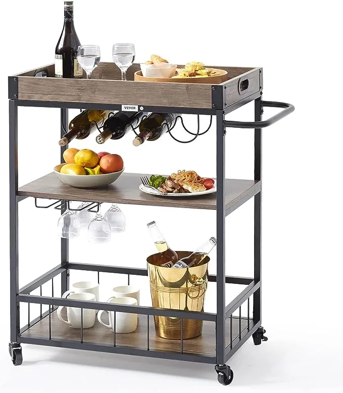 VEVOR 2 Tiers Gold Metal Bar Serving Cart with Wine Rack Glass Holder 120 lbs