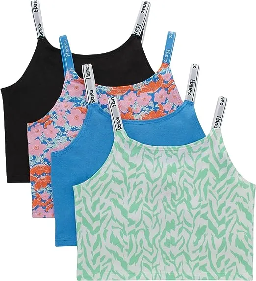 Hanes Originals Girls Crop Top Cami, Moisture-Wicking Cotton Stretch Tank, Assorted 4-Pack