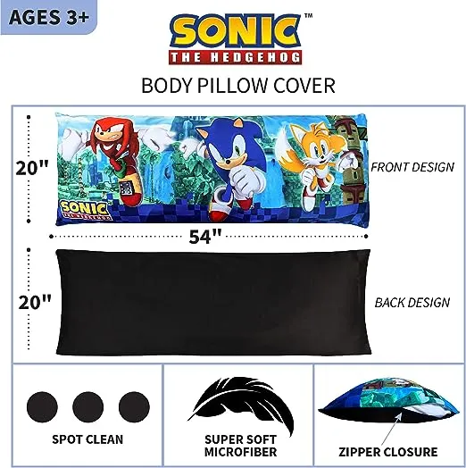 Franco Kids Bedding Super Soft Microfiber Zippered Body Pillow Cover, 54 in x 20 in, Sonic The Hedgehog Anime