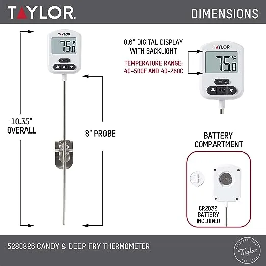 Taylor Stainless Steel Candy Deep Fry Food Cooking Kitchen Analog Thermometer, 12 Inches