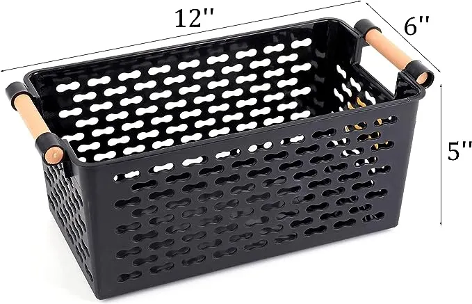 6 Pack Plastic Storage Basket, Black Basket Organizer Bin with Handles for Home