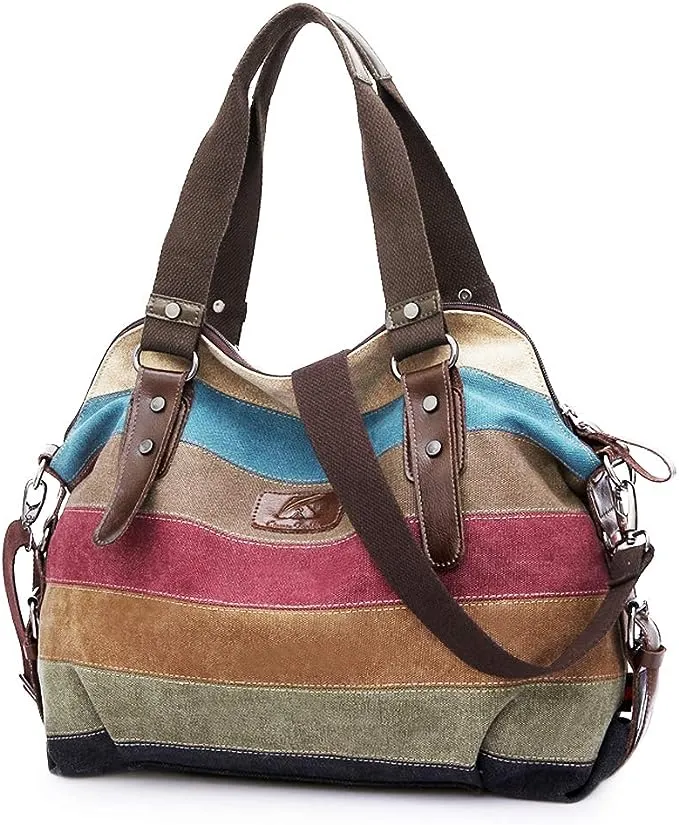 SNUG STAR Canvas Handbag Multi-Color Striped Lattice Cross Body Shoulder Purse Bag Tote-Handbag for Women