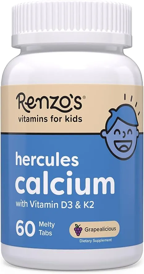 Renzo's Hercules Calcium Supplement with Vitamin D3 & K2 - Dissolvable - for Ages 2+ - Kids Vitamins - 60 Grape-Flavored Melty Tabs