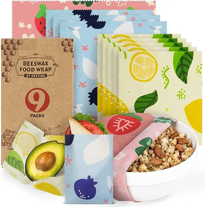 Akeeko Reusable Food Wraps w/Beeswax Assorted 9 Packs - Eco-Friendly Reusable Wraps, Biodegradable, Zero Waste, Organic, Sustainable, Plastic-Free Food Storage, 5S, 3M, 1L w/Abstract Curves Pattern