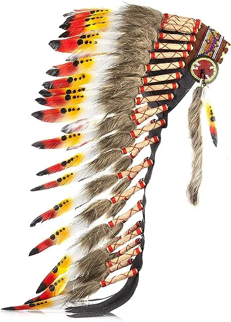 The World of Feathers Native American Inspired Headdress - Handcrafted with Genuine Feathers and Beads, Red & Yellow Swan, One Size