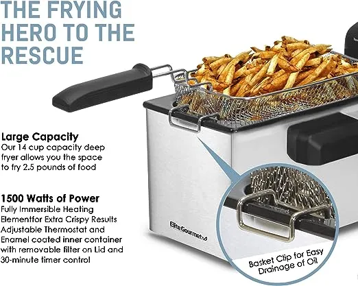 Elite Gourmet Immersion Deep Fryer with Timer - 3.5 qt