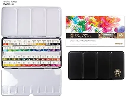 Mungyo Professional Half Pan Size Water Colors Set in Tin Case/Integral Mixing Palette in The Lid (48 Colors)