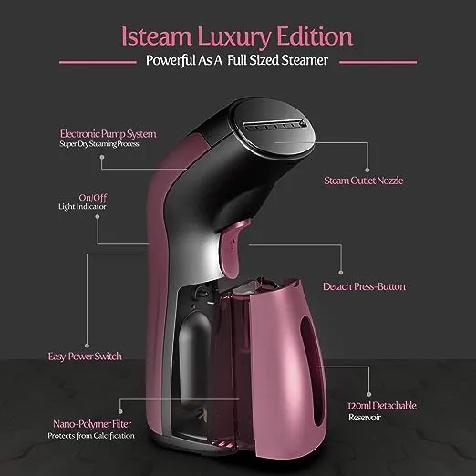 iSteam Steamer for Clothes [Luxury Edition] Powerful Dry Steam. Multi-Task: Fabric Wrinkle Remover- Clean- Refresh. Handheld Clothing Accessory. for All Kind of Garments. Home/Travel [MS208 Gold]