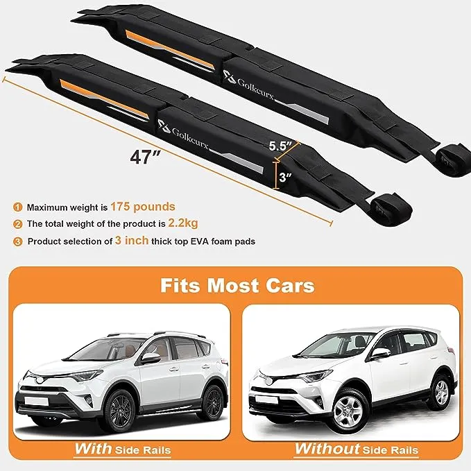 Golkcurx Universal Soft Roof Rack Pads for Kayak,Surfboard, SUP, Canoe, Snowboard with15FT Tie-Down Straps2 and Storage Bag1