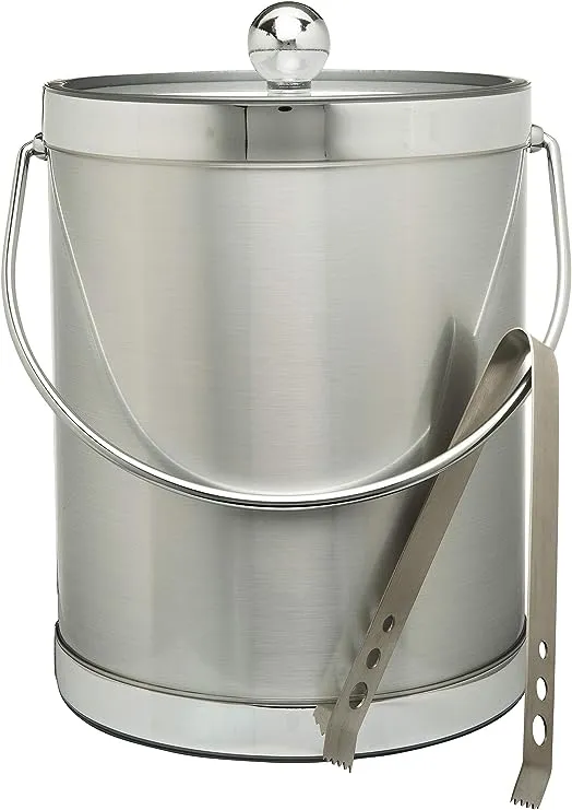 Mr. Ice Bucket By Stephanie Imports Hand Made In USA Brushed Silver Double Walled 5-Quart Insulated Ice Bucket With Ice Tongs (Metallic Deco Collection)